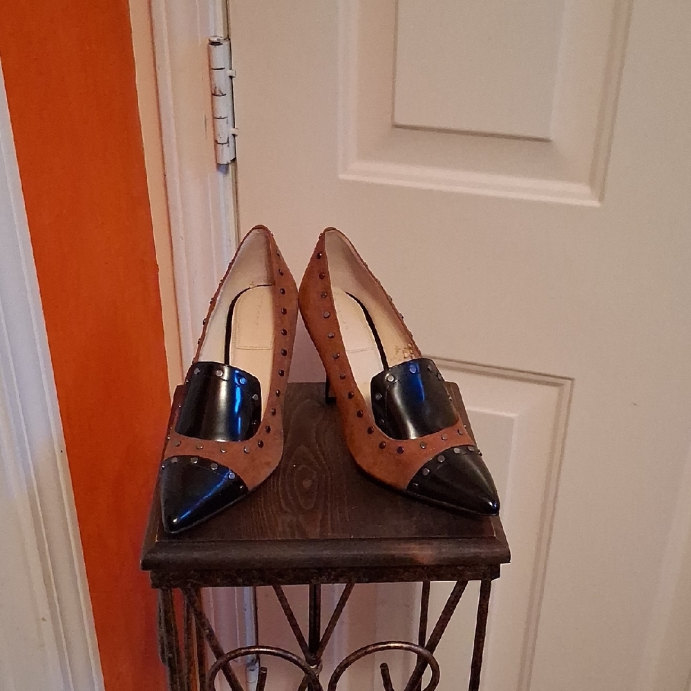 T Tahari Black and Tan Studded Heels